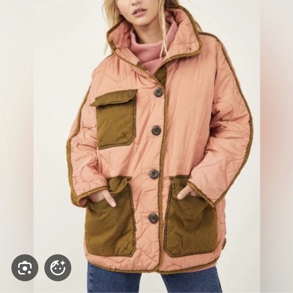 NET Free People Puffa Jacket, Pink and Olive Quilted Jacket, S